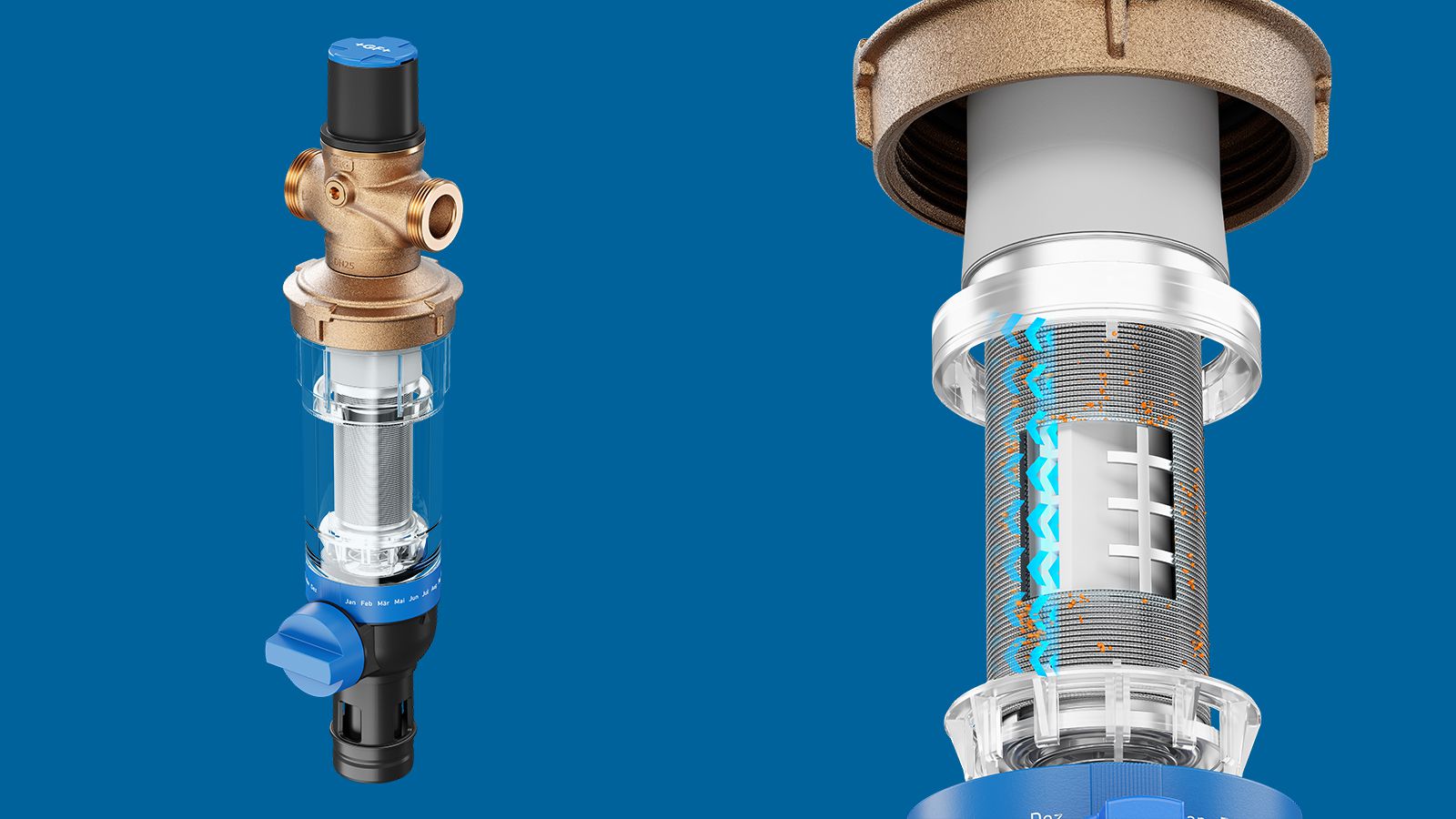 GF Hausfilter mit Druckminderer – Gesamtansicht des Messinggehäuses mit transparentem Filterbehälter und blauem Spülhahn sowie detaillierte Schnittdarstellung der Filterkartusche mit farbig markiertem