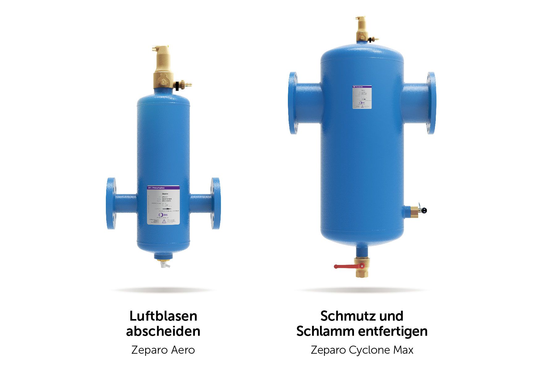 Zwei blaue IMI Zeparo Separatoren nebeneinander: links der Zeparo Aero zur Luftblasenabscheidung, rechts der Zeparo Cyclone Max zur Schmutz- und Schlammabscheidung in Heizungsanlagen.
