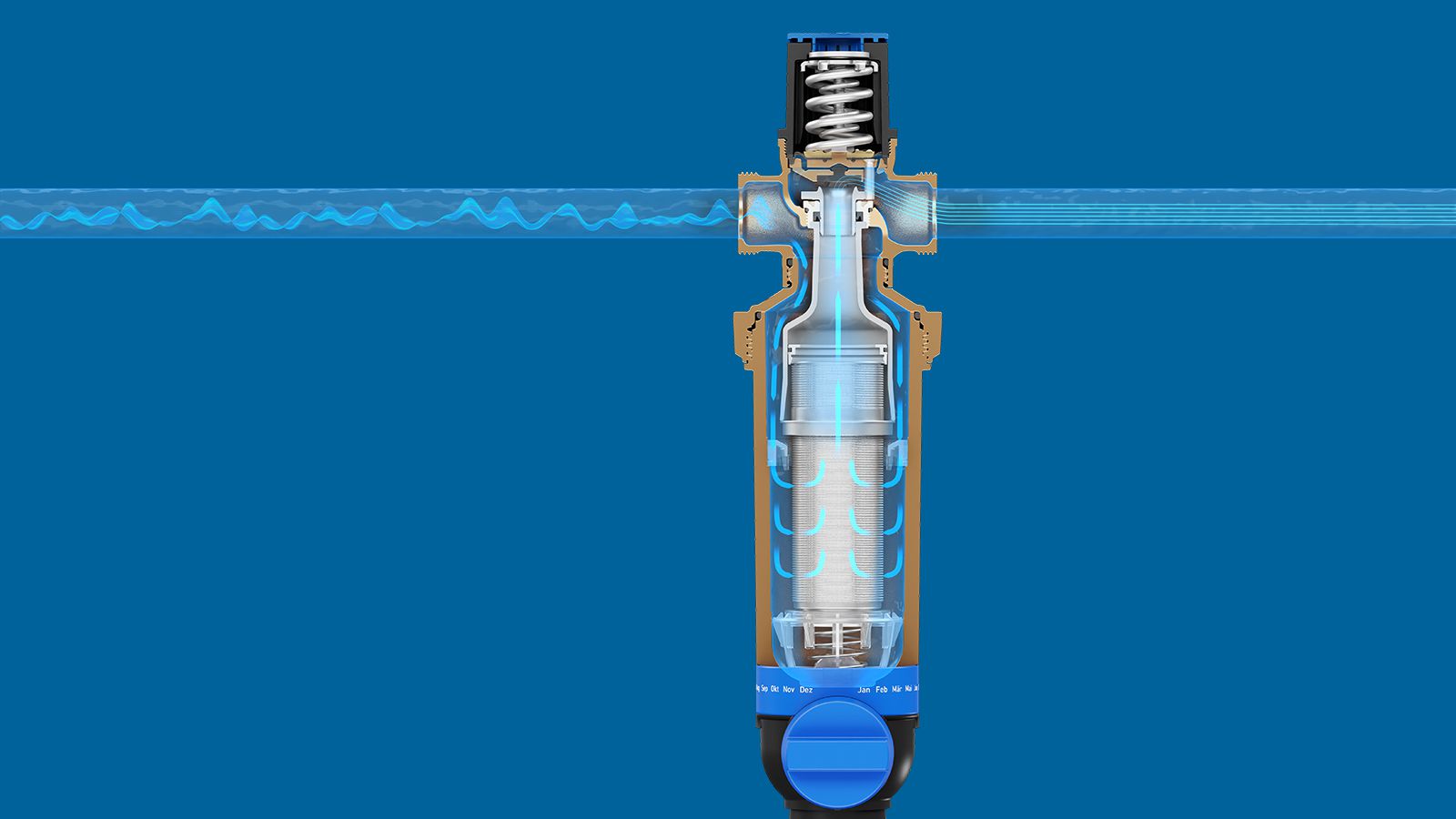 Technische Schnittdarstellung eines GF Hausfilters mit Druckminderer auf blauem Hintergrund – sichtbar sind Regelfeder, Membranventil und Filterkartusche sowie blau eingefärbte Wasserführung, die den