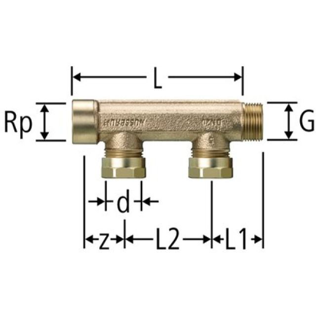 Optiflex-Verteiler 2-fach, mit
Abgängen für Schnellkupplung
mit Innengewinde und
Aussengewinde 3/4"
86003.42, DN 20, PN 10
Rotguss CC246E