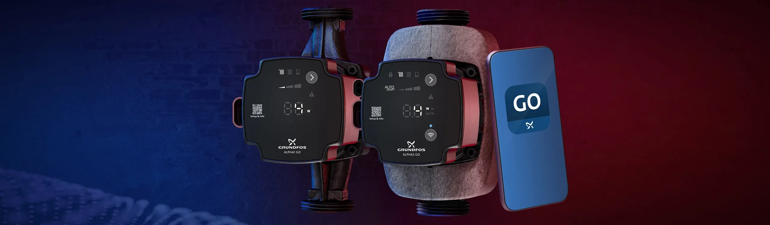 Umwälzpumpen ALPHA1 GO und ALPHA2 GO von Grundfos neben einem Smartphone mit der Grundfos GO App