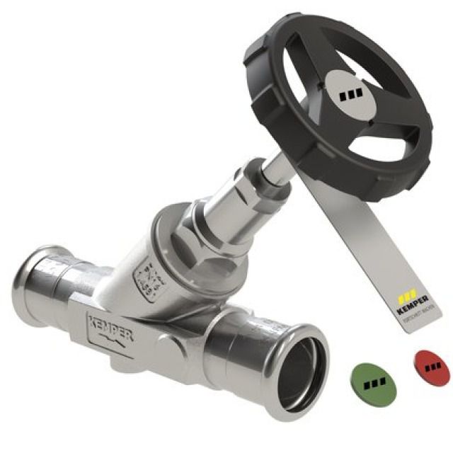 KEMPER NIRO Freistrom-
Absperrventil mit Mapress
Pressanschlüssen 54 mm
PN 16, max. 110° C
mediumberührte Metallteile aus
Edelstahl