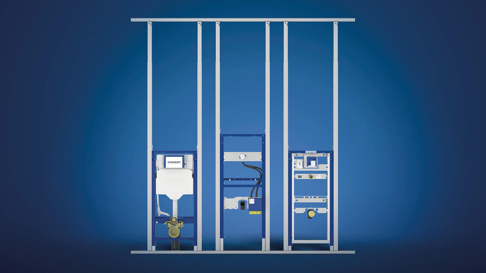 Geberit DuoFix System – drei modulare Installationsrahmen in Blau auf blauem Hintergrund: Unterputzspülkasten-Element, Leerraster und Installationselement mit Zubehör