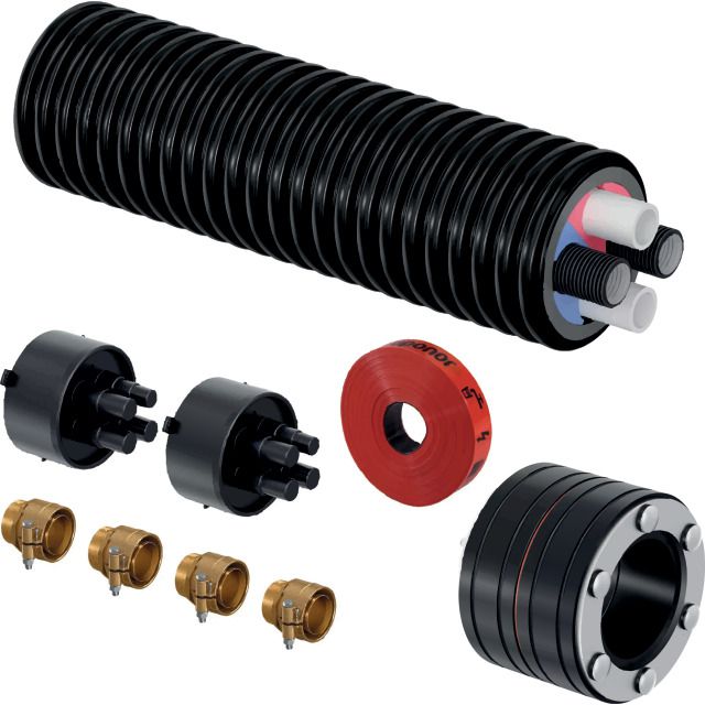 Ecoflex Thermo Twin HP 40
Set pompa di calore
- Tubo da 5 m 2x40x3,7-2x32x3,5/175
Raccordo per tubi Uponor Ecoflex Thermo
Set Thermo Twin HP 40x3,7/175
- 4 nippli di transizione 40x3,7 AG 5/4" - - 2 tappi terminali in gomma 175 mm
- 30 m di nastro segnaletico
PASSAGGIO MURO DWD
- 175/250 MM