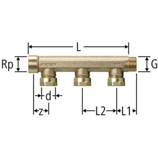 Optiflex-Verteiler 2-fach, mit
Abgängen für Schnellkupplung
mit Innengewinde und
Aussengewinde 3/4"
86003.42, DN 20, PN 10
Rotguss CC246E