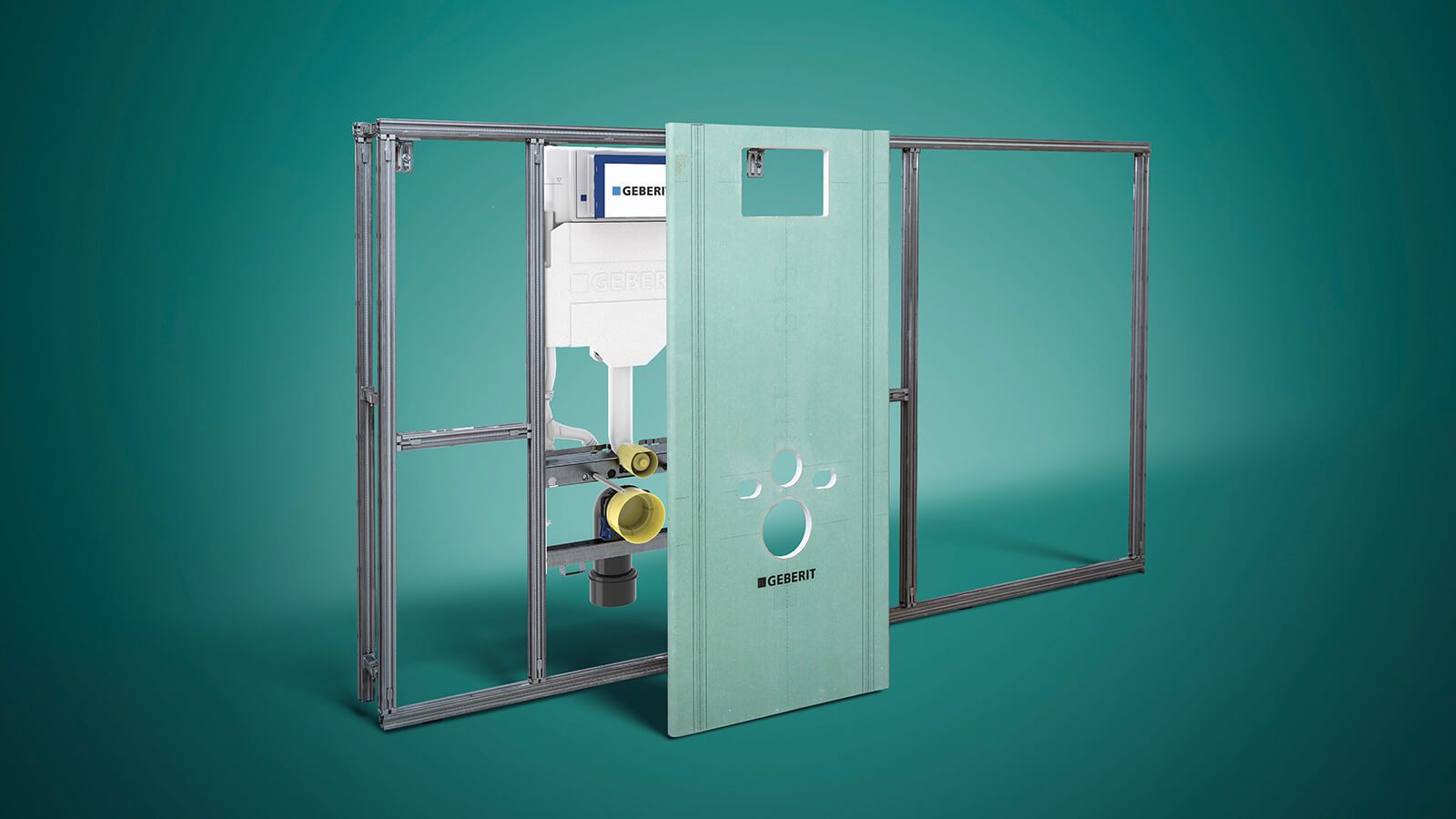 Geberit GIS Installationssystem – Schnittansicht mit Unterputzspülkasten, Stahlrahmen und grüner Installationsplatte auf türkisem Hintergrund