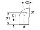 Geberit PE-HD, Bogen 90° reduziert, mit langem Schenkel und kleinem Radius