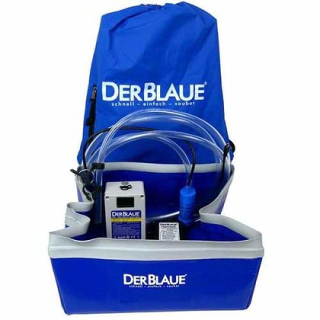 DER BLAUE SET INKL AKKU
BESTEHEND AUS WANNE, AKKU,
PUMPE, SCHLAUCH 3M,
NETZTEIL, TRAGETASCHE