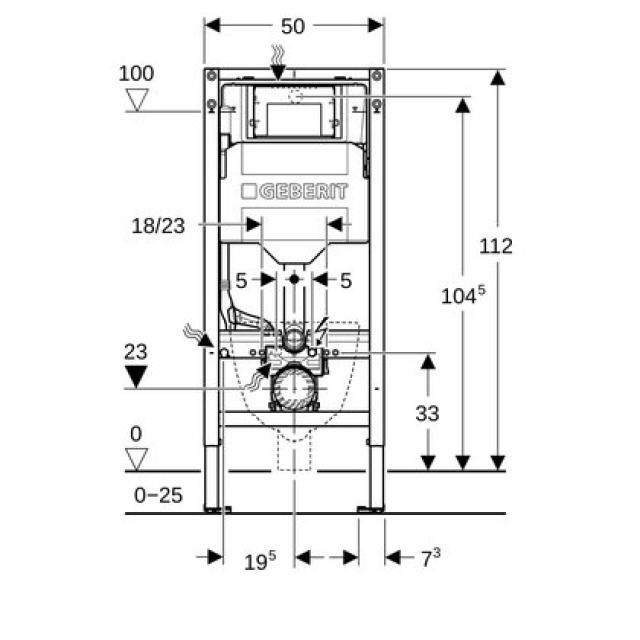 Wandklosettelement Geberit
Duofix Sigma, Ausladung
max.62 cm, Dusch-Klosett,
Elektro- und
Kommunikationsanschlussdose
Breite 50 cm, Höhe 112 cm