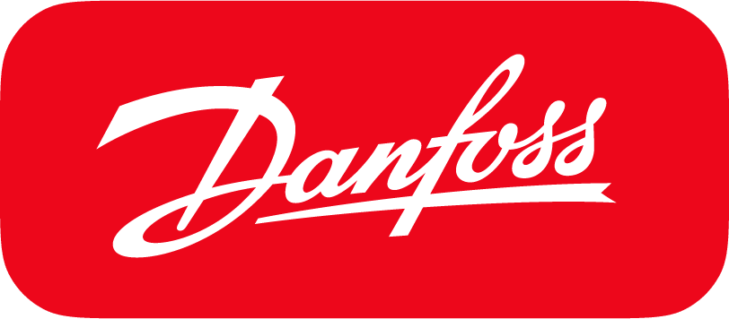 Danfoss Logo – weisser Schriftzug auf rotem Hintergrund