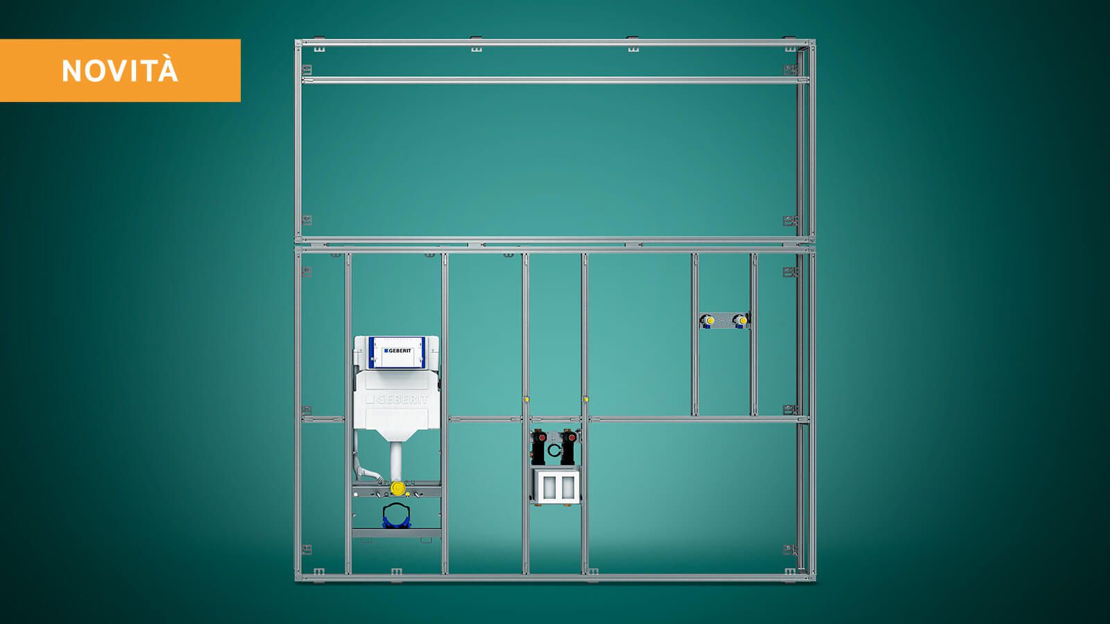 Nuovo sistema di installazione Geberit GIS-Pro – vista frontale del sistema a parete modulare con cassetta da incasso e accessori integrati su sfondo turchese, contrassegnato con «NOVITA»