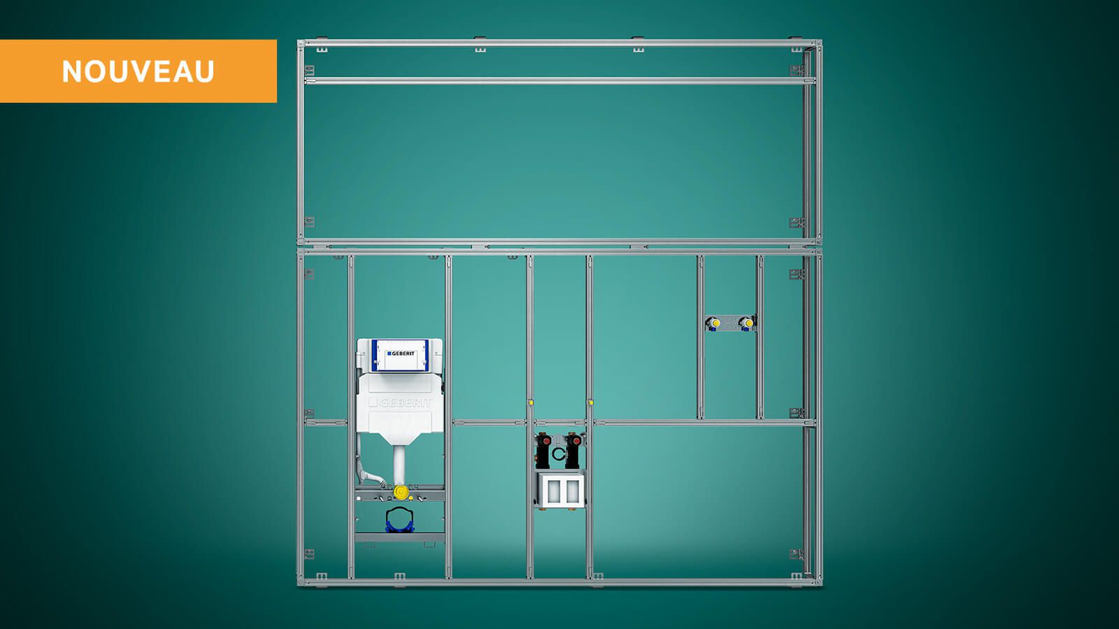 Nouveau système d'installation Geberit GIS-Pro – vue de face du système mural modulaire avec réservoir encastré et accessoires intégrés sur fond turquoise, marqué «NOUVEAU»