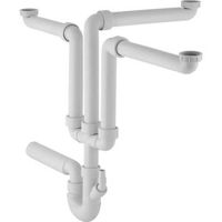 Geberit, Siphon à double chambre pour trois éviers, avec embout cannelé équerre, sortie horizontale