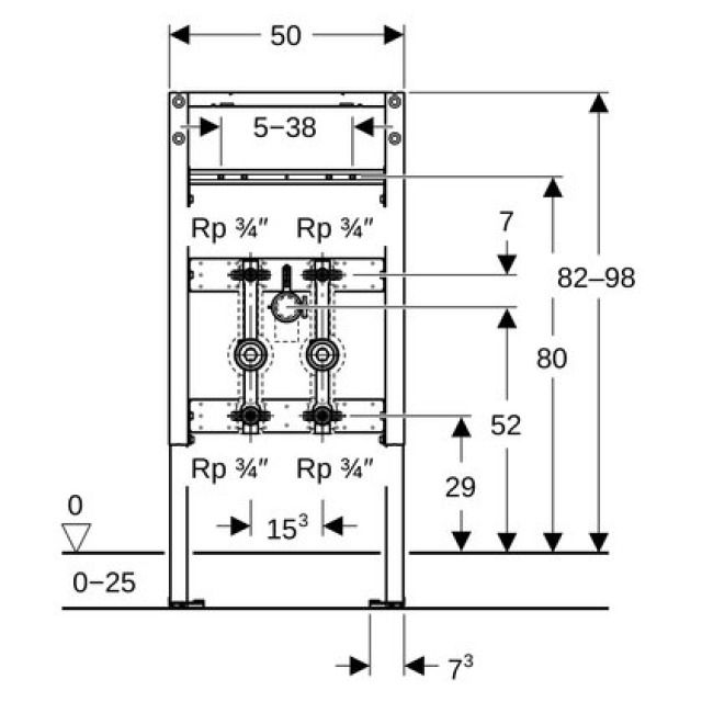 Waschtischelement Geberit
Duofix, Montagerahmen, Breite
50 cm, Höhe 82 - 98 cm, 2
Wasserzählerstrecken
vormontiert KOAX G2"- Gewinde,
2 Überströmkappen, 2 - Abdeckrosetten für
Regulierventil,
UP JRG LegioStop
Schallschutz, Ablauf RS