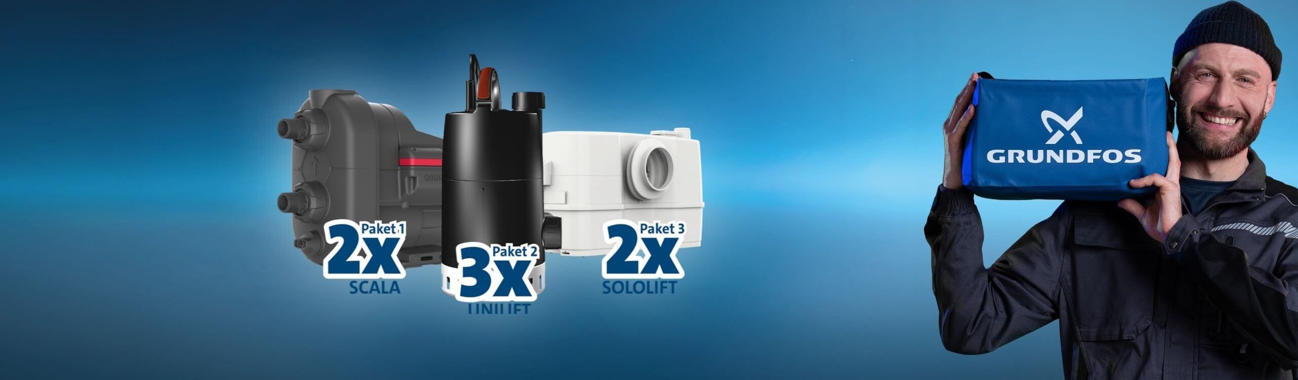 Hero-Bild Grundfos Wannsinn-Aktion: Scala (2×), Unilift CC (3×) und Sololift2 (2×) mit Flex-Wanne gratis – Monteur mit blauer Grundfos Tasche