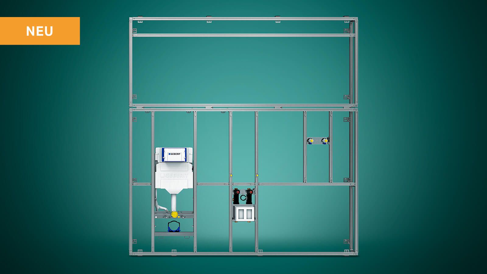Geberit GIS-Pro Installationssystem – Frontansicht des neuen modularen Wandsystems mit Unterputzspülkasten und integriertem Zubehör auf türkisem Hintergrund, gekennzeichnet mit «NEU»